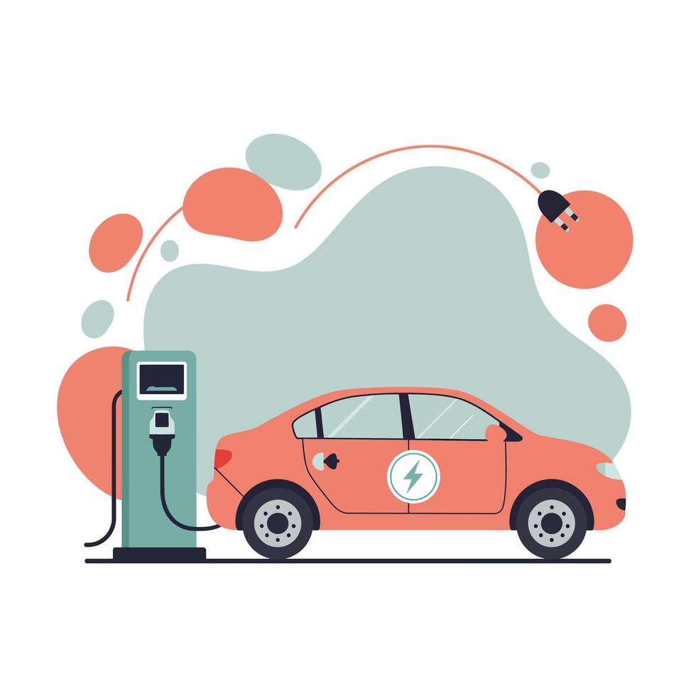 Electric car charging station with red vehicle and energy plug illustration for sustainable transport and eco friendly travel vector