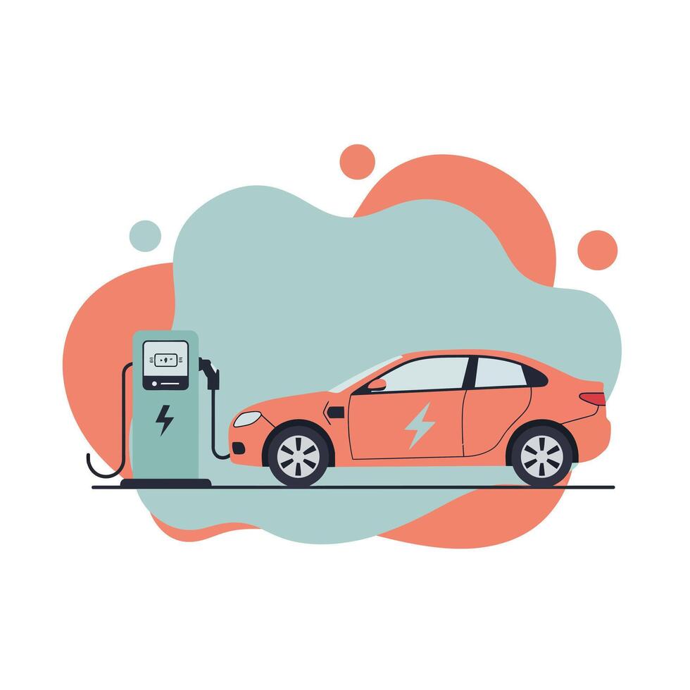 Electric car charging at station with modern design and eco-friendly concept in orange and green colors vector