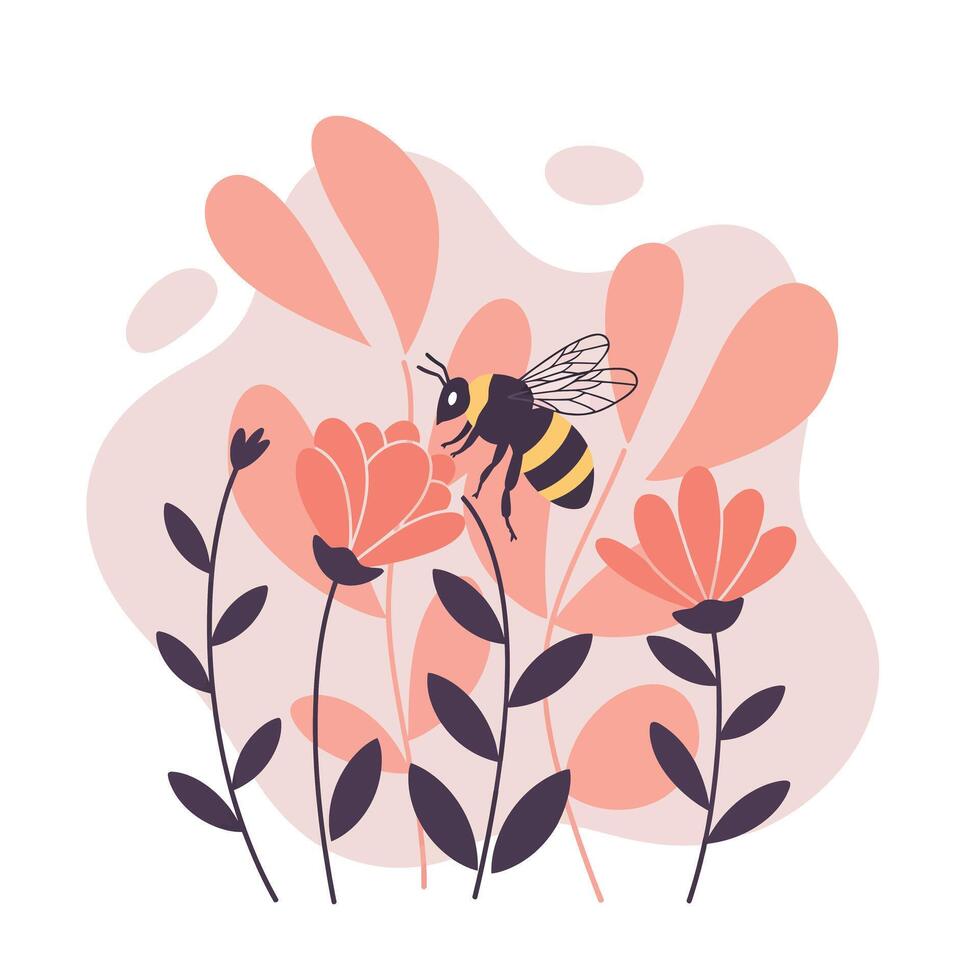 Bee collecting nectar from coral flowers on abstract botanical background in soft colors illustration vector