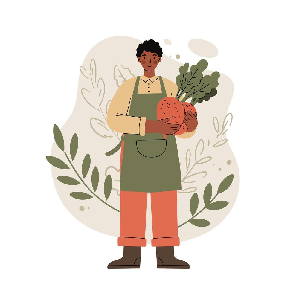 Person holding fresh organic vegetables in apron standing with leafy greens in nature background illustration vector