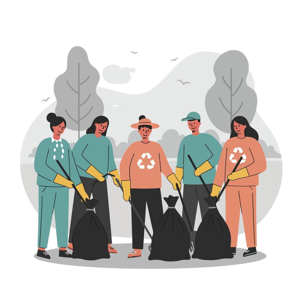 Group of volunteers cleaning park area with trash bags and gloves promoting environmental care and recycling efforts in community setting vector