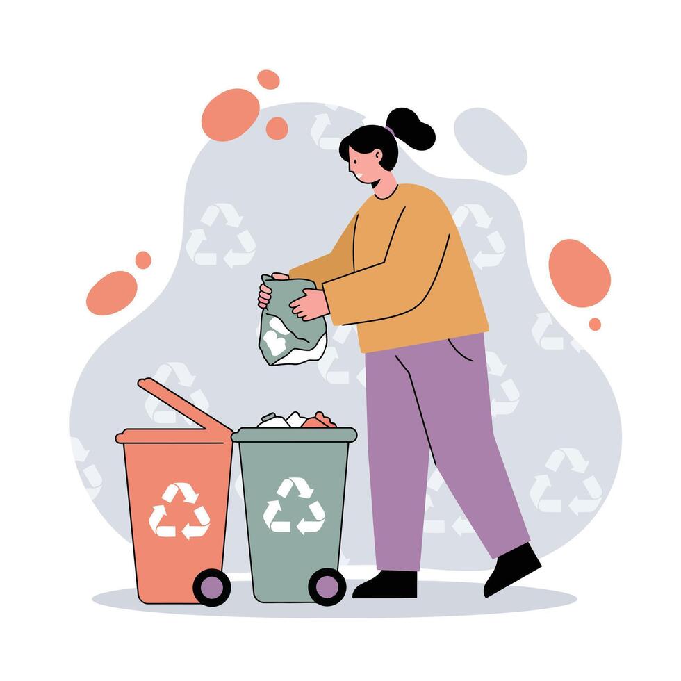 Woman Recycling Waste Sorting Trash Bins Environmental Awareness Illustration with Recycle Symbols and Caring Behavior vector
