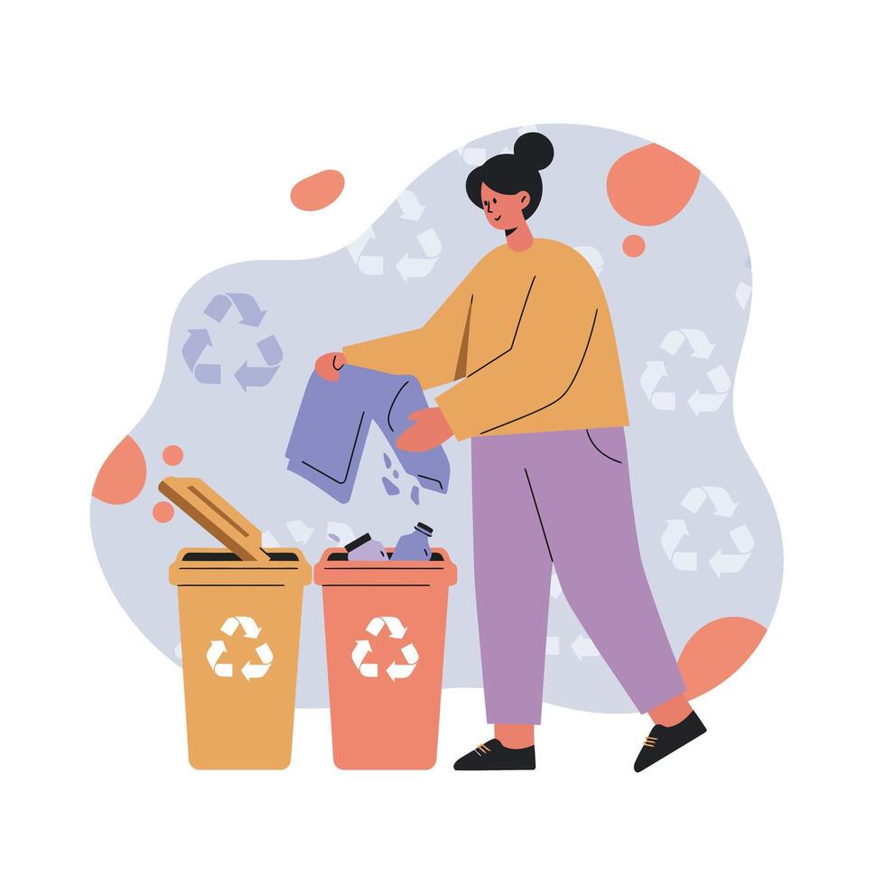 Woman sorting recyclable waste into color-coded bins for recycling and environmental care awareness vector