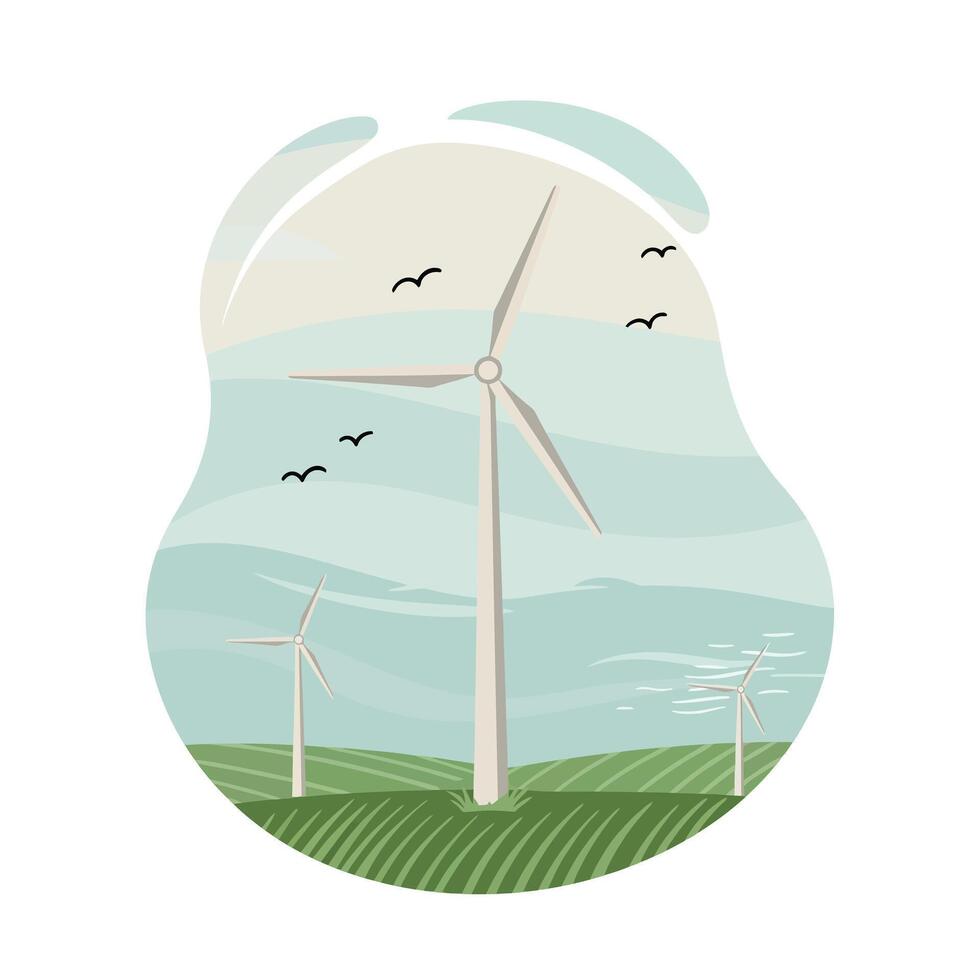 Wind turbines generating clean energy in green fields with birds flying under cloudy sky natural landscape scene vector