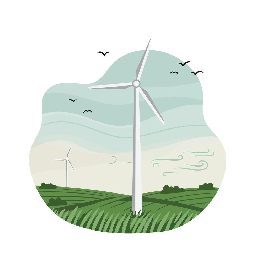 Wind turbines generating renewable energy in green fields with birds flying in cloudy sky vector