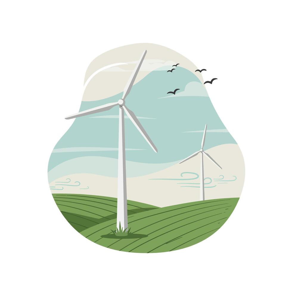 Wind turbines on green rolling hills with birds flying under a blue sky landscape illustration vector