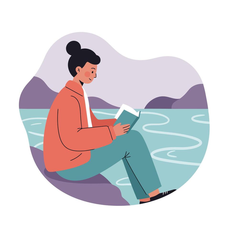 Woman Reading Book by Water with Mountains in Background Relaxing Outdoors in Nature Scene vector