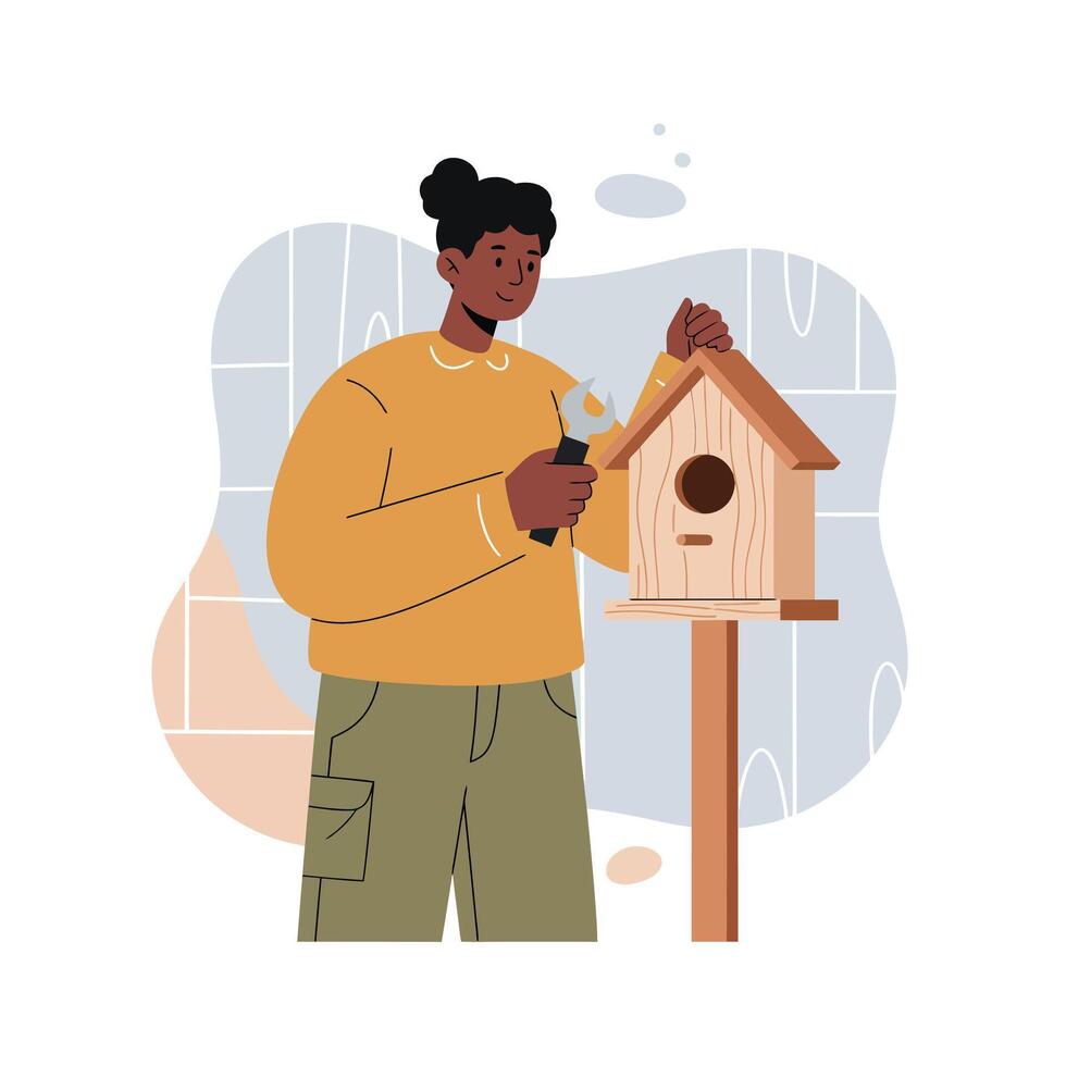 Person assembling wooden birdhouse with screwdriver in cozy indoor setting natural hobbies and leisure activity vector