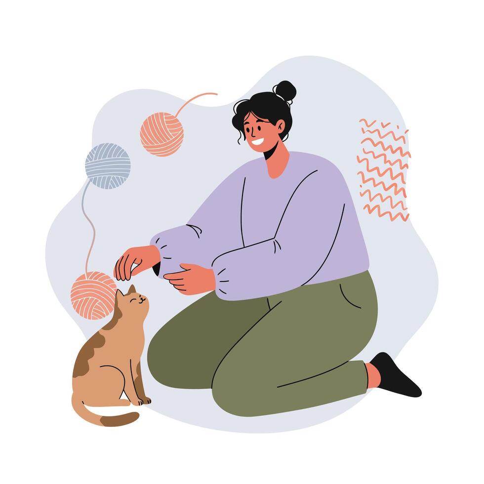 Woman playing with cat using yarn balls in cozy indoor setting with casual outfit and relaxed mood vector