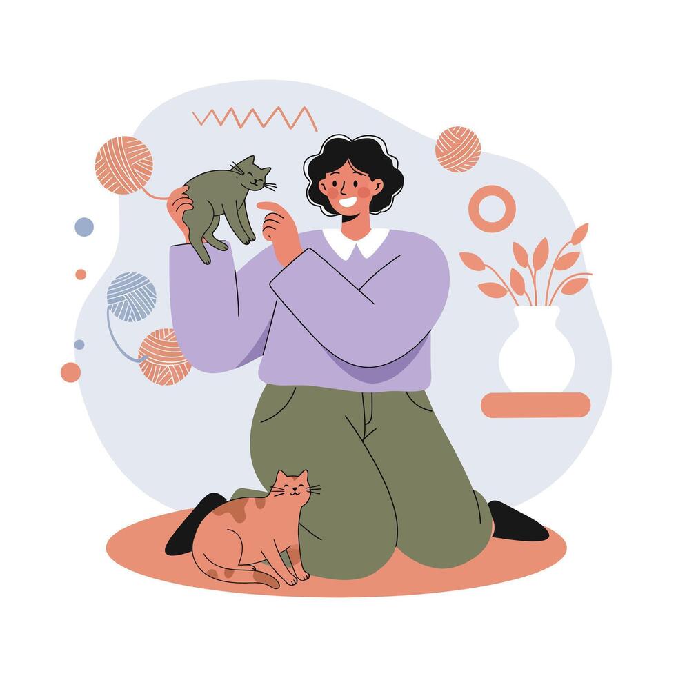 Person playing with two cats in cozy room with yarn balls and vase on floor in modern illustration style vector