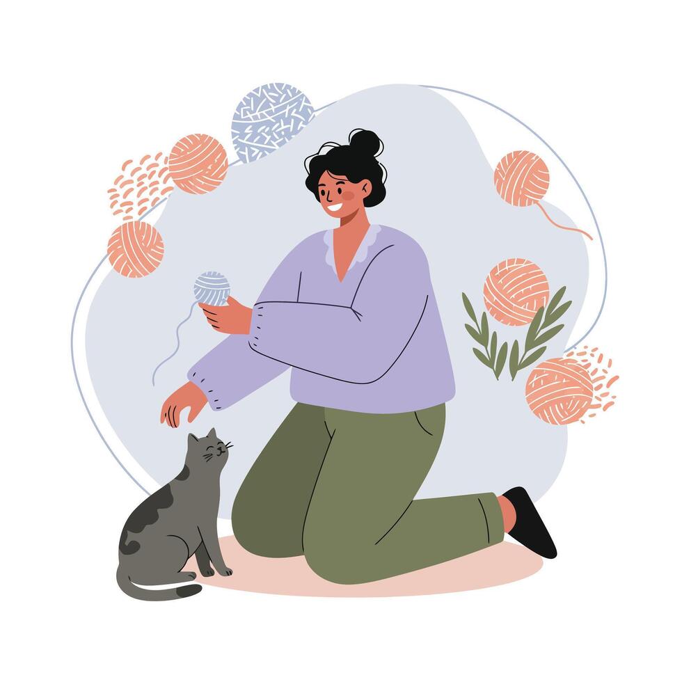 Woman playing with cat using yarn balls in cozy home environment natural interaction and joy vector