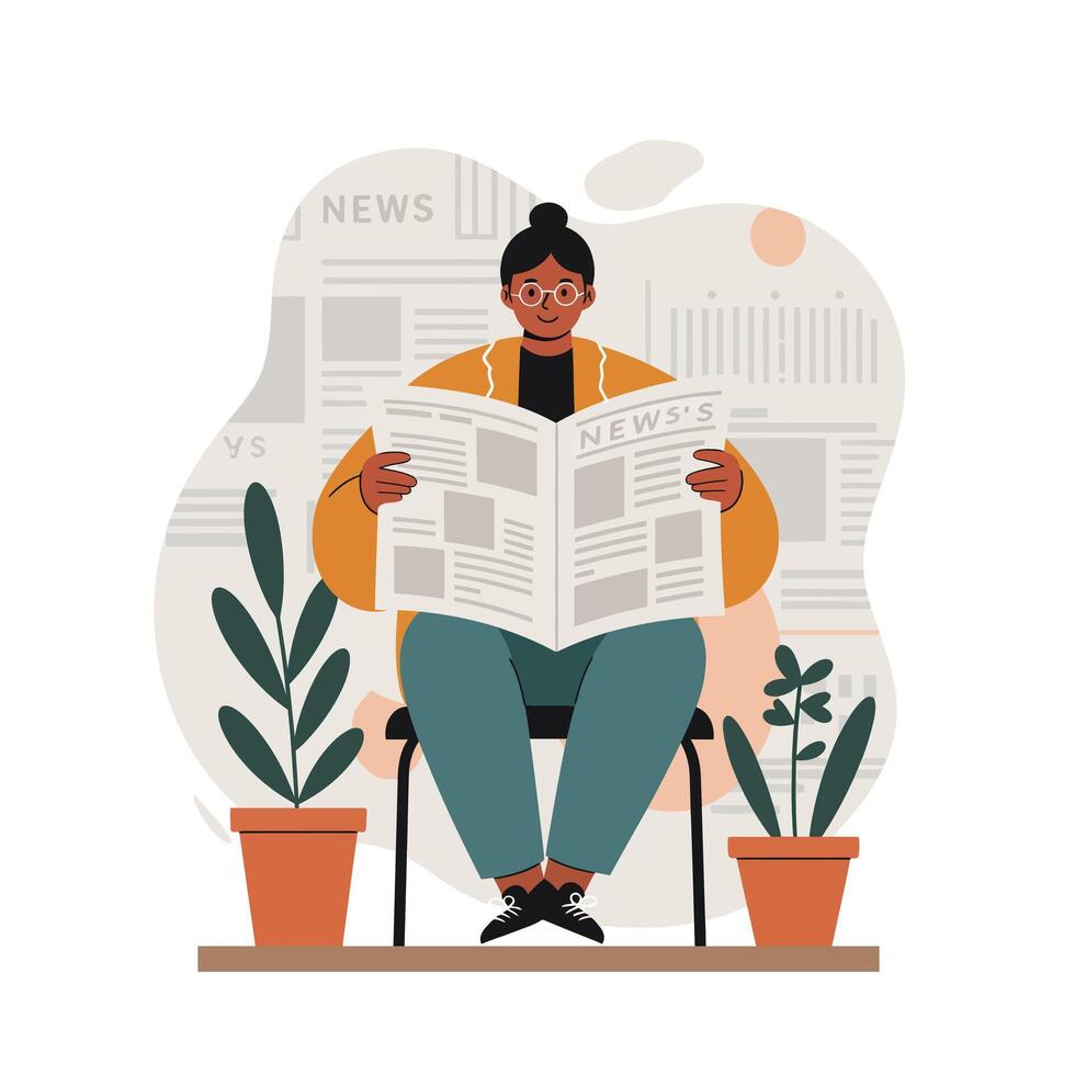 Woman with glasses reading newspaper indoors surrounded by potted plants in calm setting vector