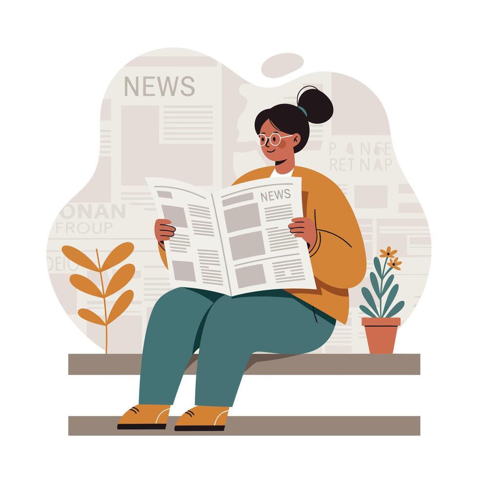 Woman reading newspaper sitting on bench with plants in casual outfit and glasses calm lifestyle scene vector