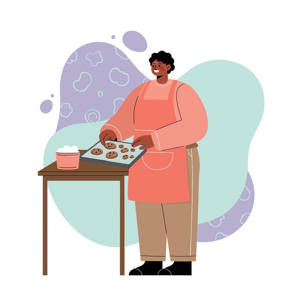 Man baking cookies in pink apron preparing fresh baked goods at kitchen table with colorful background vector