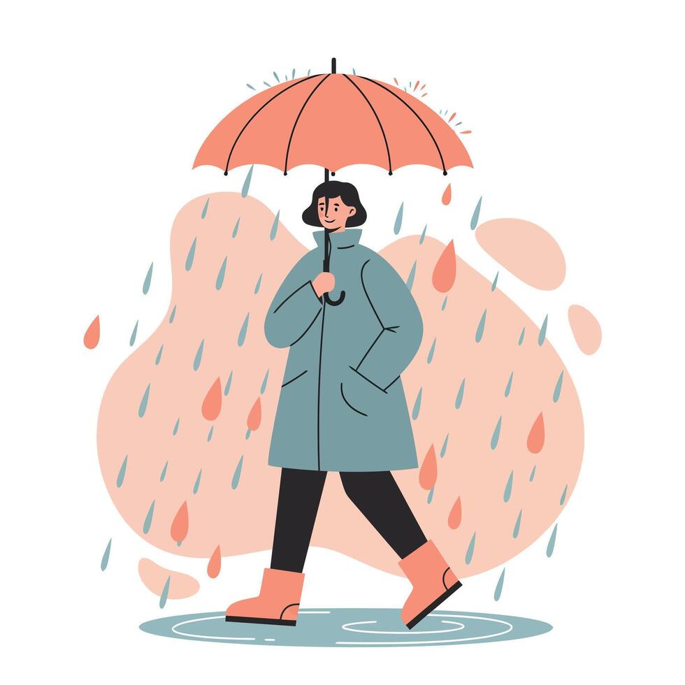 Woman walking with umbrella in rain wearing blue coat and orange boots in rainy weather illustration vector