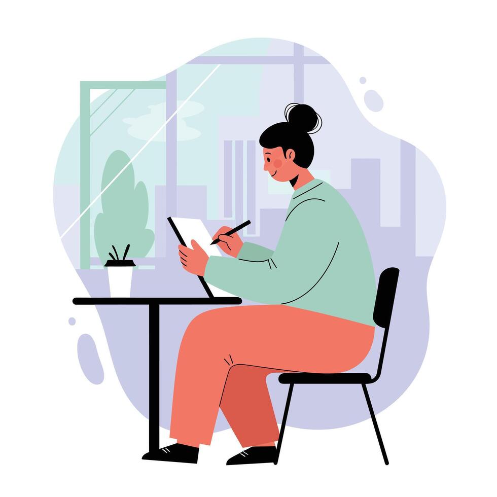 Woman sitting at table writing on a tablet with cityscape background indoor workspace digital creativity vector