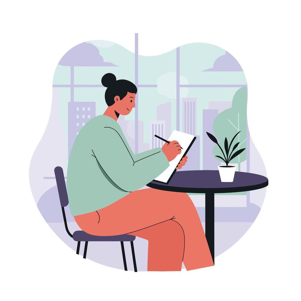 Woman writing in notebook at table with plant in indoor city apartment setting natural light calm atmosphere vector