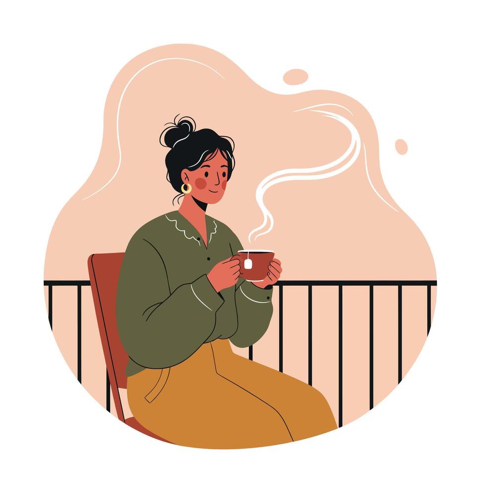 Woman enjoying hot drink on balcony in cozy casual outfit with warm steam rising in calm morning scene vector