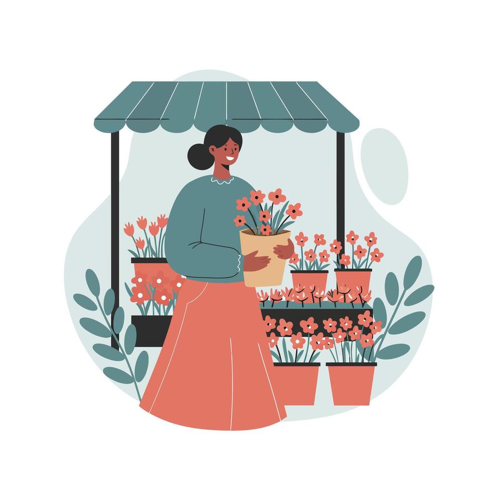 Woman shopping flowers at outdoor market stall holding bouquet in paper bag with terracotta pots around peaceful setting vector