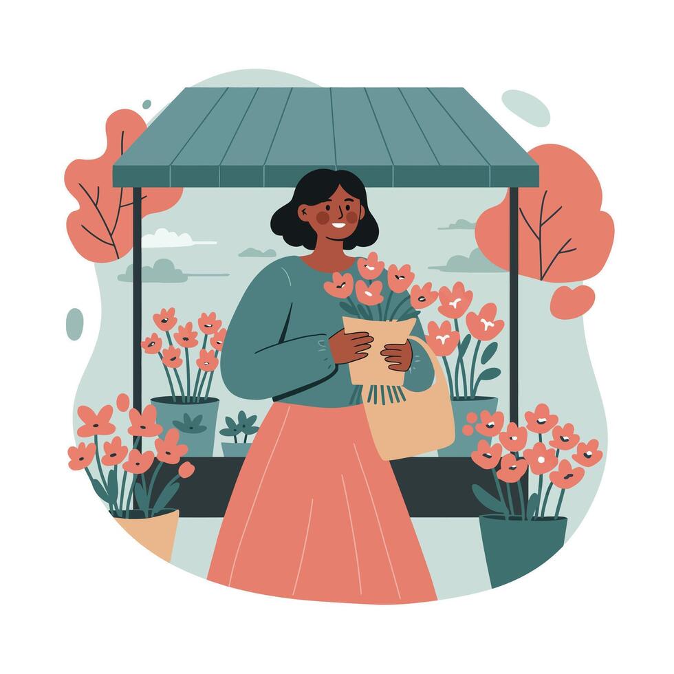 Woman holding bouquet of flowers in flower shop with orange plants and teal awning in modern illustration style vector