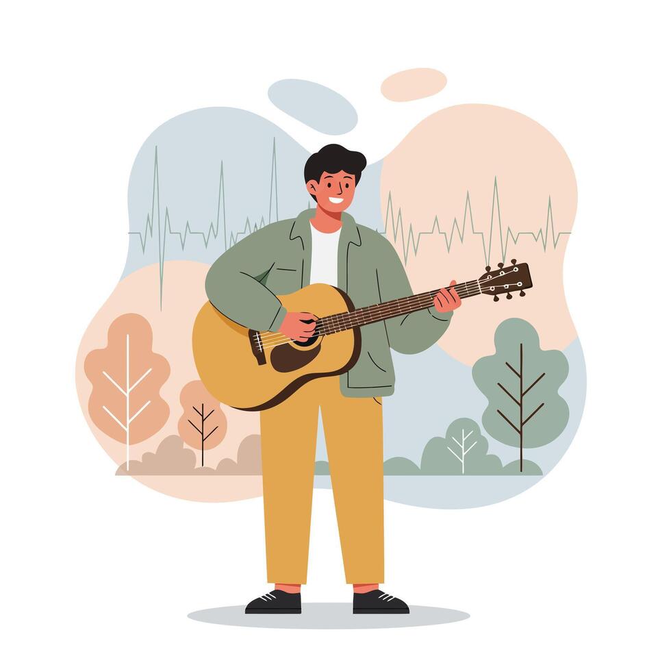 Young man playing acoustic guitar outdoors with soundwave background and abstract trees in casual clothing vector