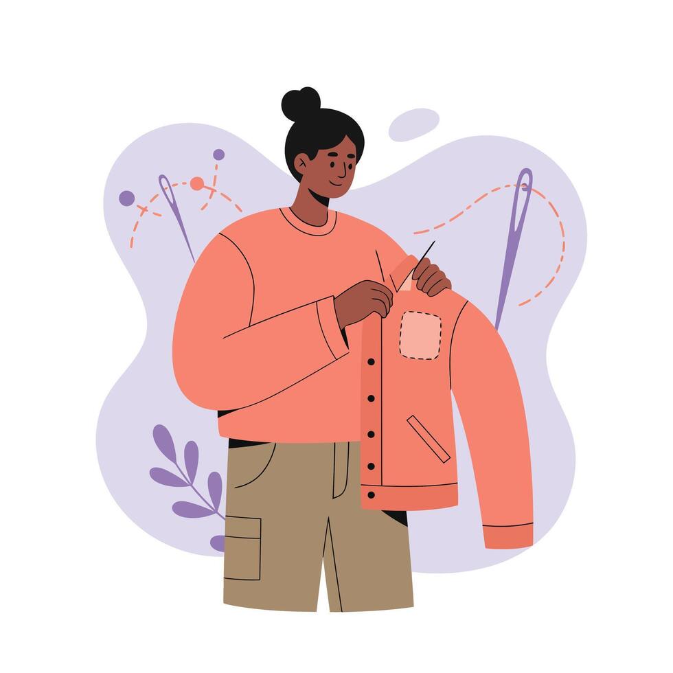 Woman sewing orange jacket with needle and thread in creative hobby activity indoors vector