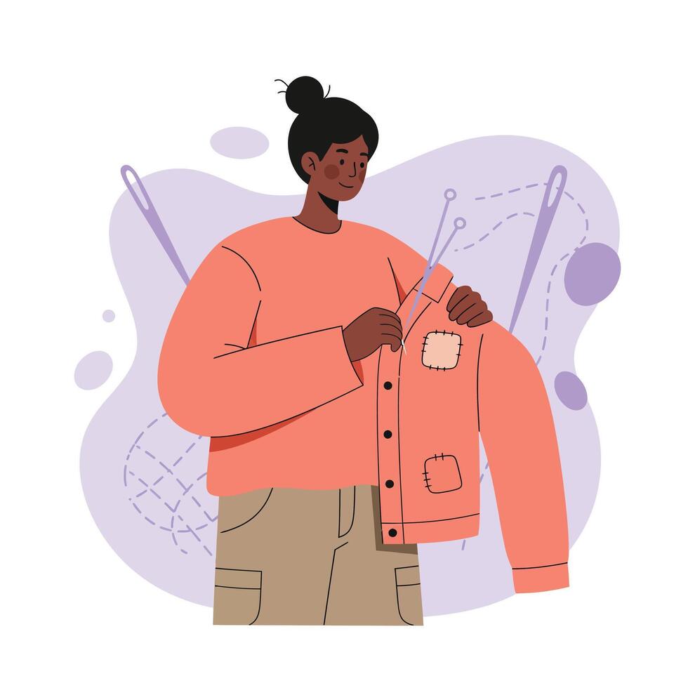 Woman sewing orange jacket with needles and threads in creative hobby scene vector