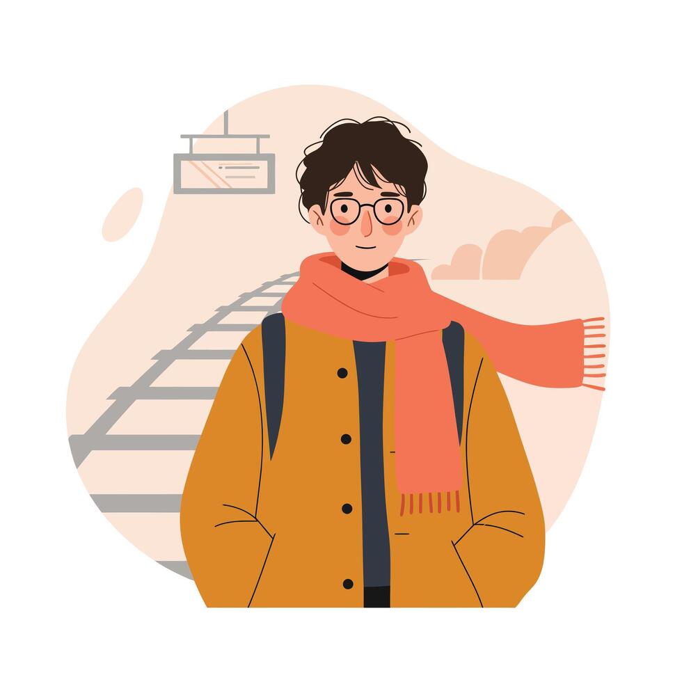 Young man wearing orange scarf and jacket waiting at train station platform with backpack in autumn setting vector