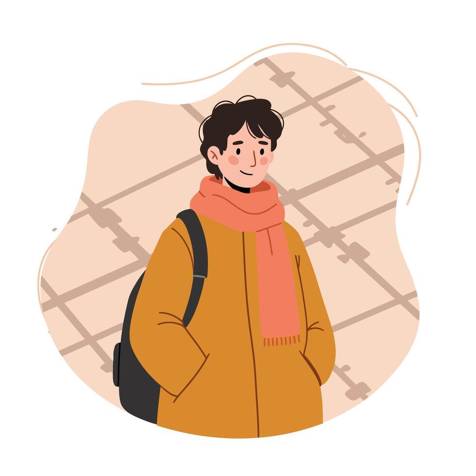 Young man wearing orange scarf and coat with backpack in urban setting illustration vector