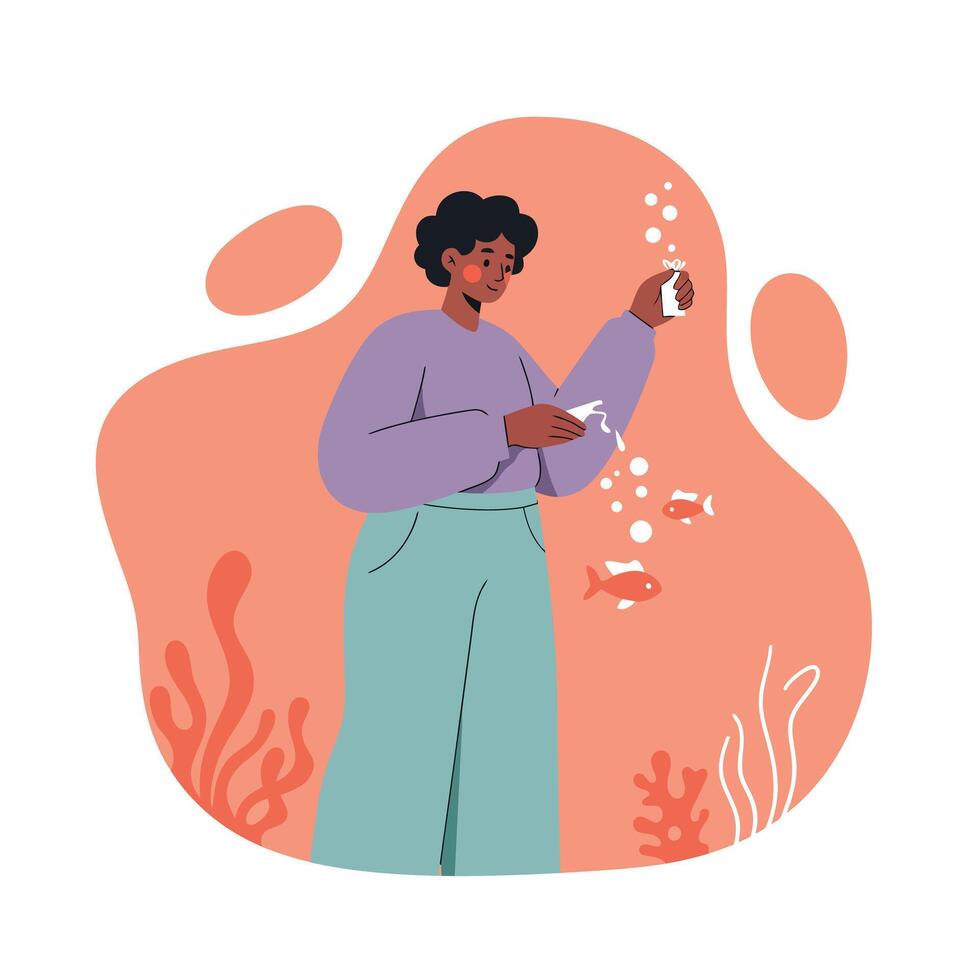 Woman Feeding Small Fish Underwater with Bubbles and Aquatic Plants in Abstract Coral Background Illustration vector