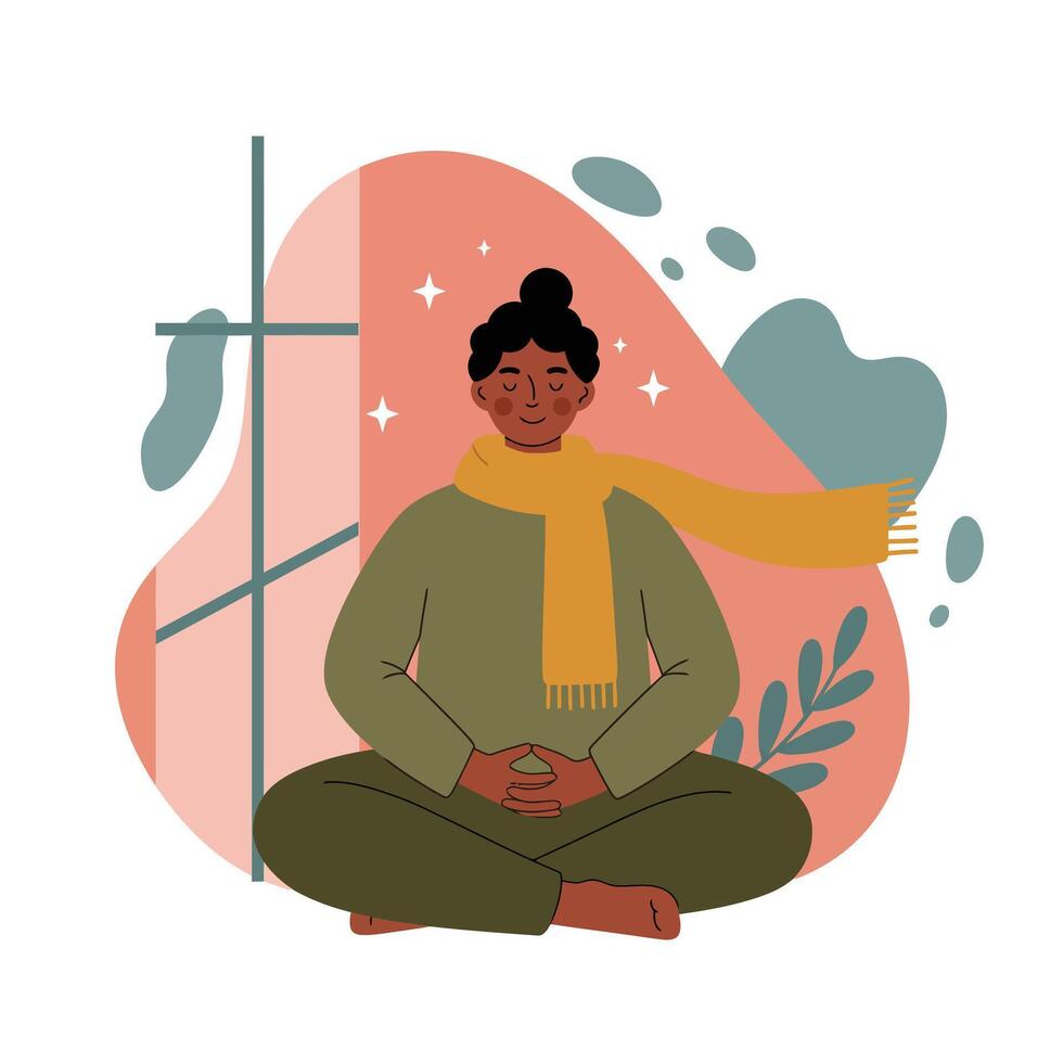Person meditating indoors wearing warm scarf and relaxing in calm environment with abstract background vector