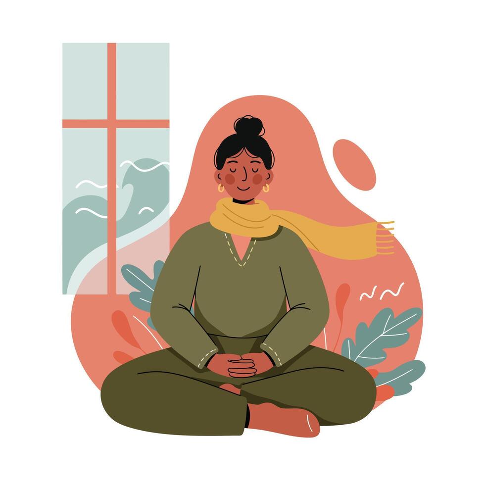 Woman meditating in cozy autumn outfit near window with peaceful indoor plants and calm environment vector