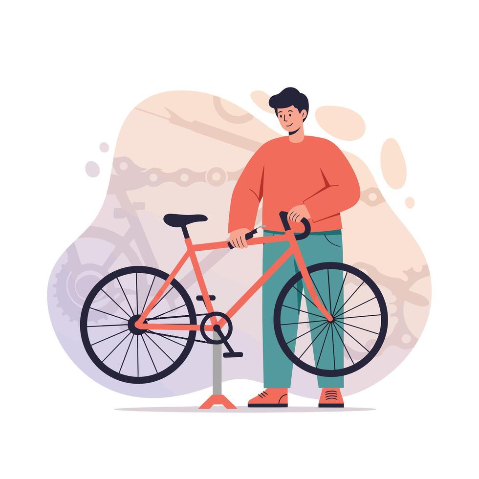 Man repairing orange bicycle with pump in casual outfit on abstract background vector