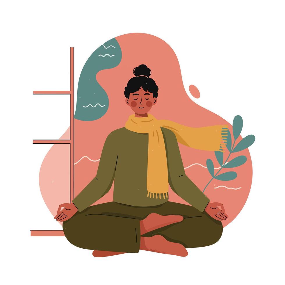Woman practicing meditation in serene indoor setting with autumn colors and cozy scarf vector