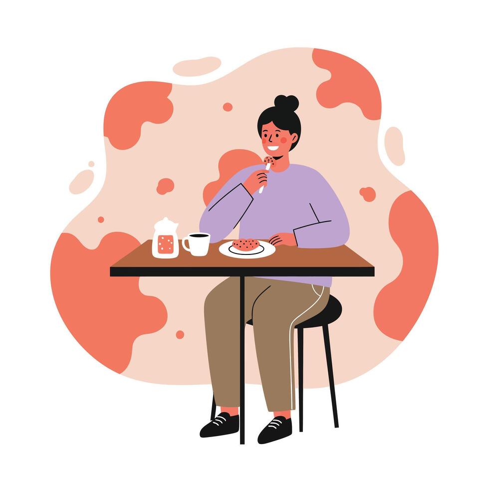 Woman enjoying breakfast at table with coffee and toast in modern casual setting vector