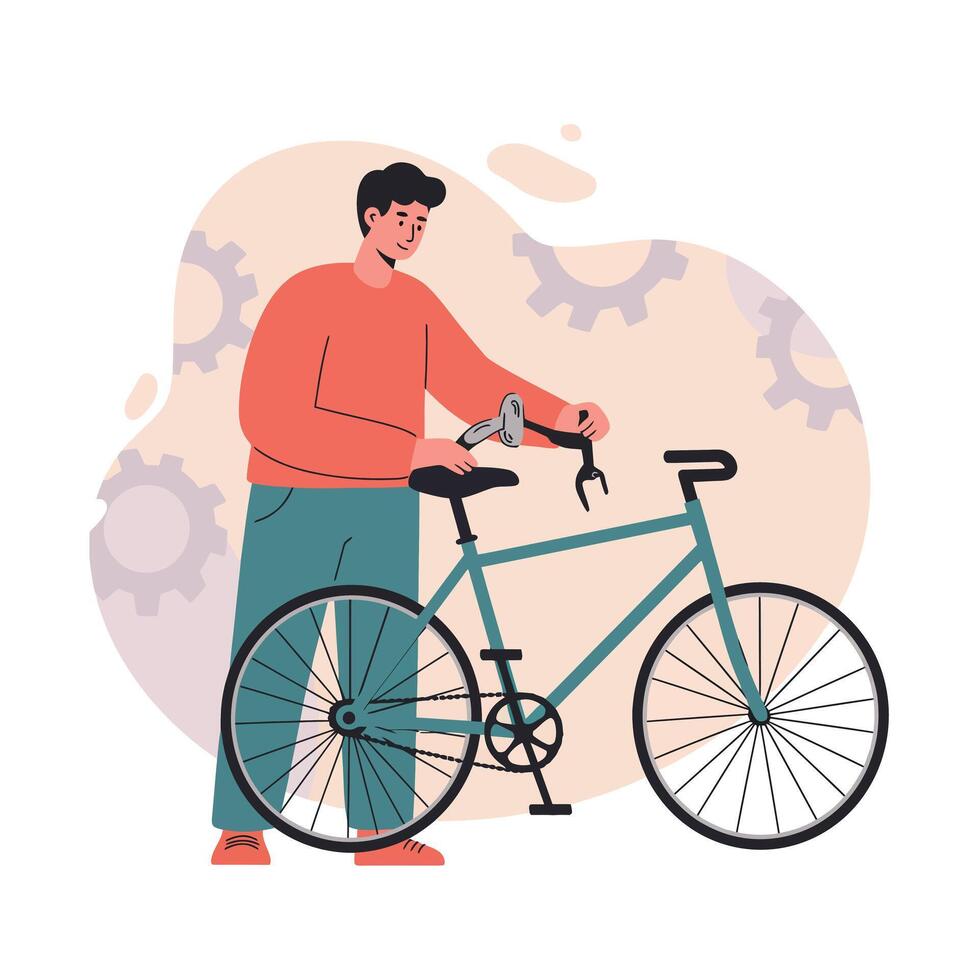 Man repairing bicycle using wrench for maintenance and leisure activity in casual outfit with gear background vector