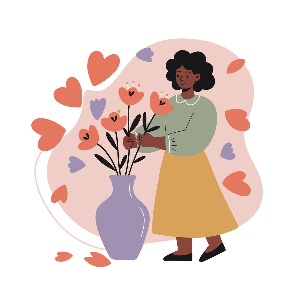 Woman arranging flowers in purple vase with floating hearts background in warm tones vector