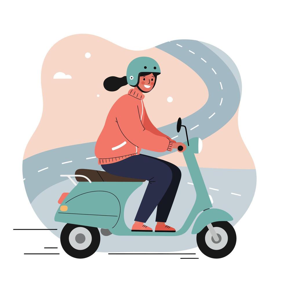 Woman riding green scooter on winding road with helmet and casual clothes in flat style illustration vector