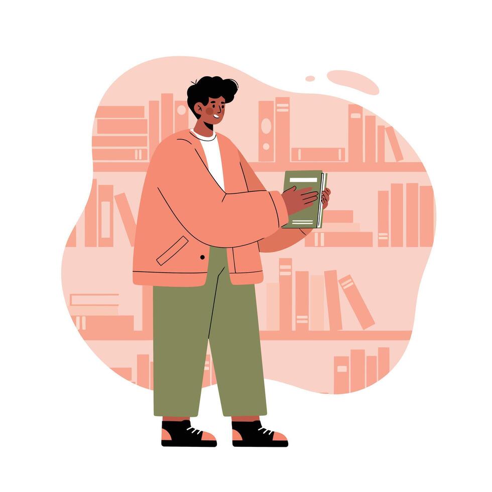 Young person holding book in library with pink and green clothing and bookshelf background vector
