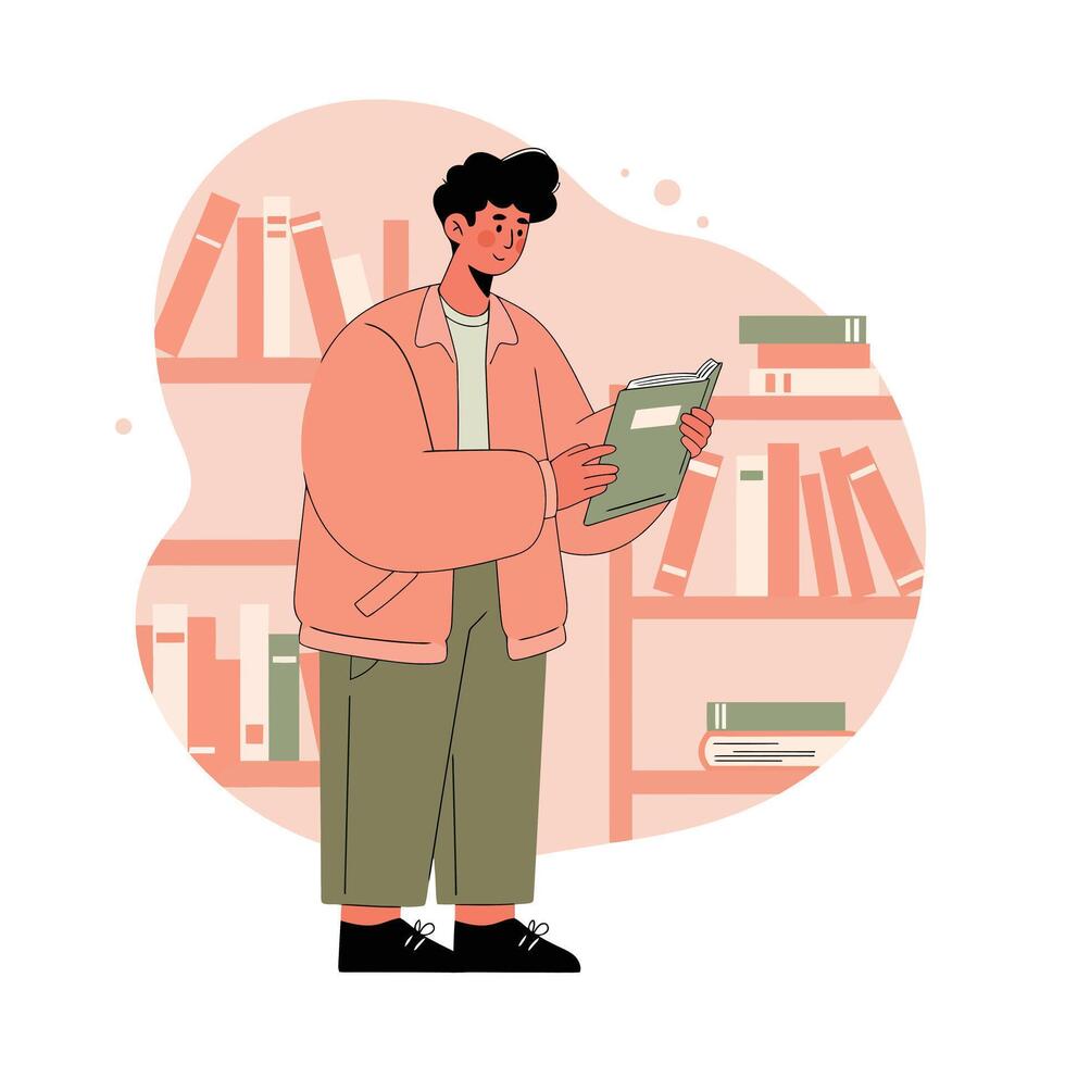 Young person reading book in library with shelves in background calm learning moment vector