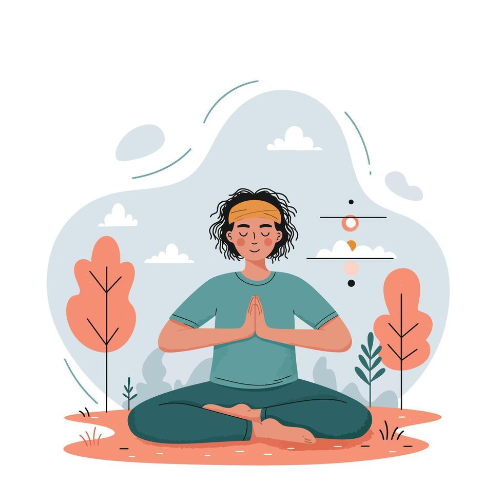 Man practicing meditation and mindfulness outdoors with orange trees and calm natural environment peaceful lifestyle scene vector