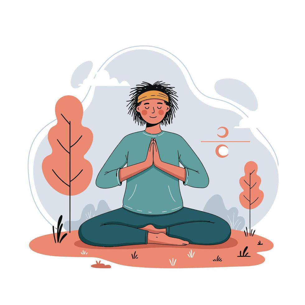 Man Meditating in Nature with Calm Expression and Orange Headband in Relaxing Outdoor Setting vector
