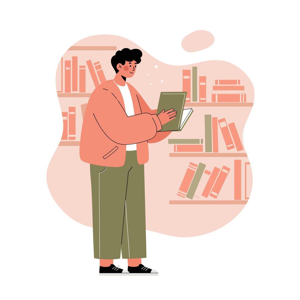 Young man reading book in library with bookshelves and casual clothing indoor scene vector