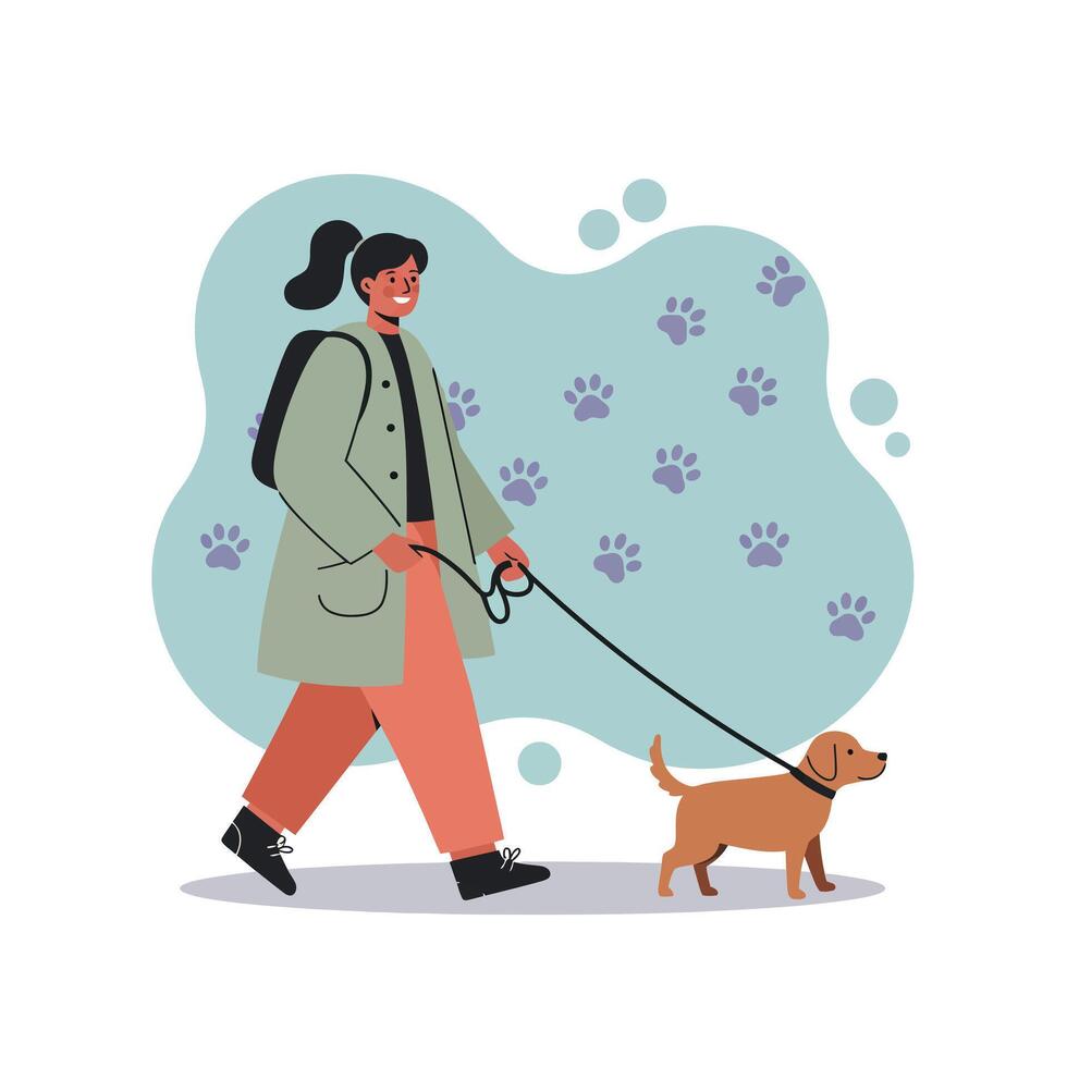 Woman walking dog on leash in casual outfit with paw prints background illustration vector