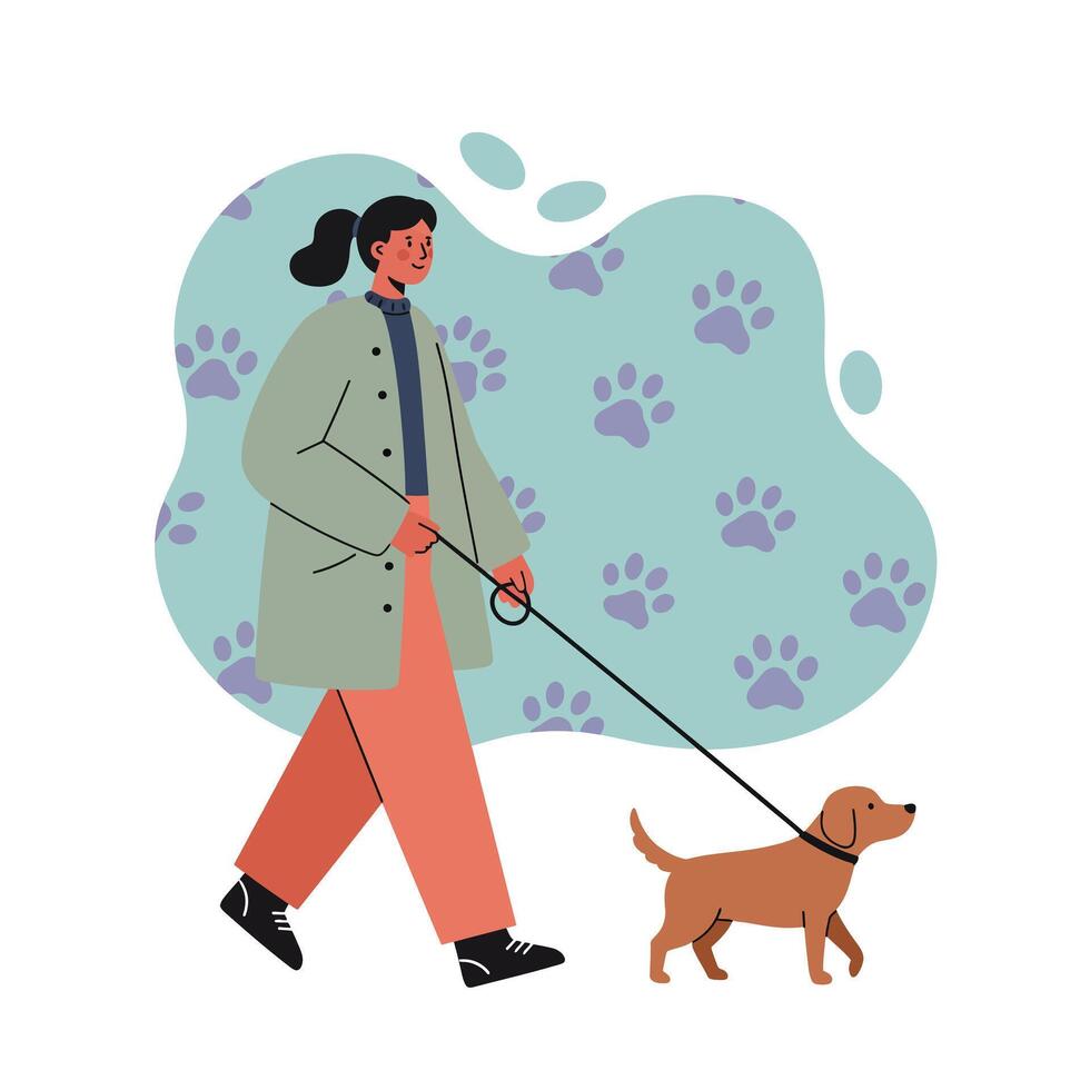 Woman walking a small brown dog on leash with paw print background in casual outfit natural scene vector