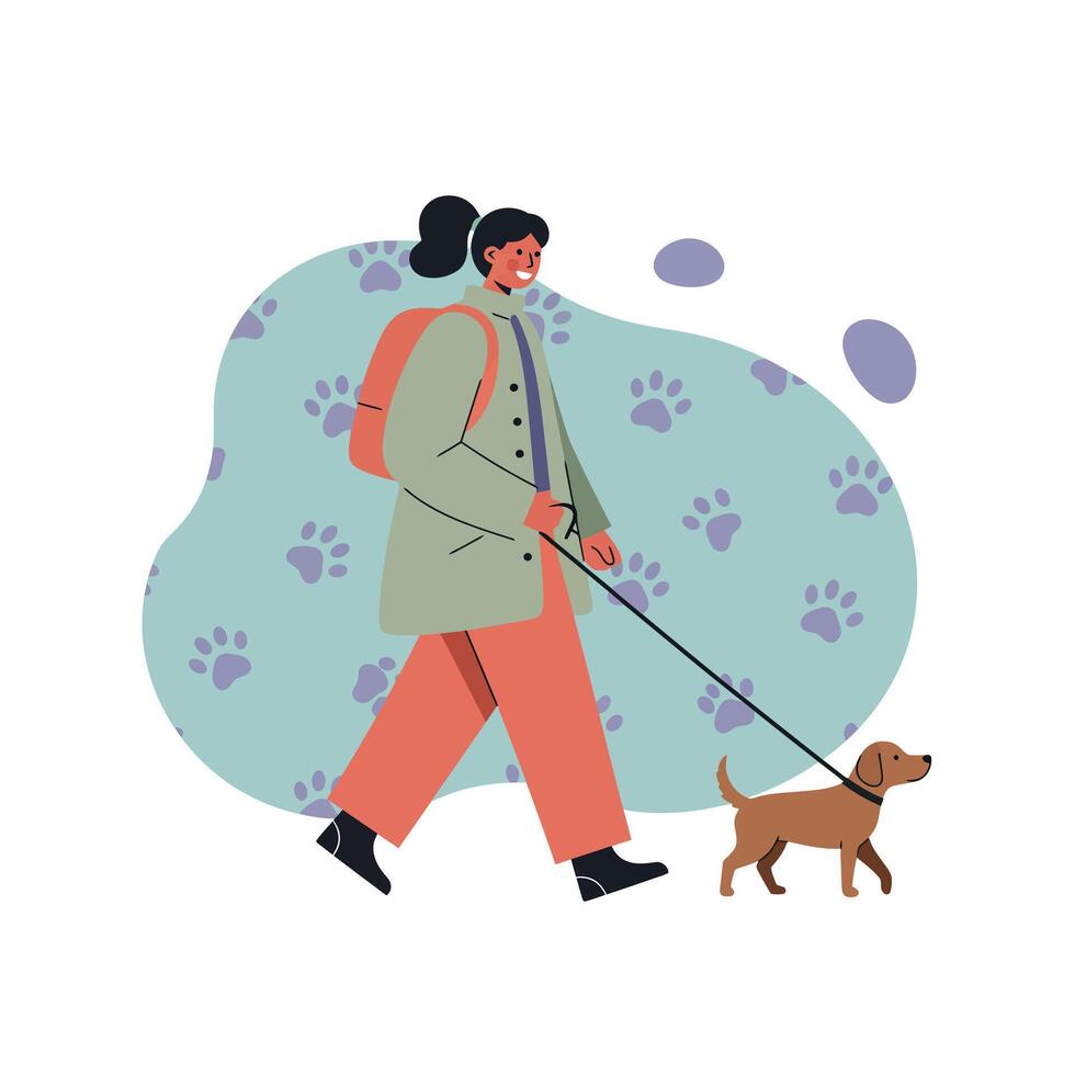 Woman walking small dog on leash with paw print background in casual outfit and black shoes vector