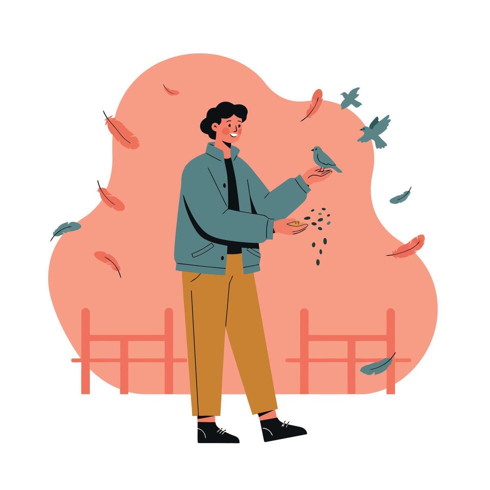 Person feeding birds in autumn outdoor setting with falling leaves and casual attire vector