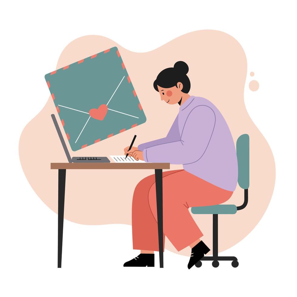 Woman writing heartfelt letter at desk with laptop showing love envelope symbol in modern digital communication scene vector