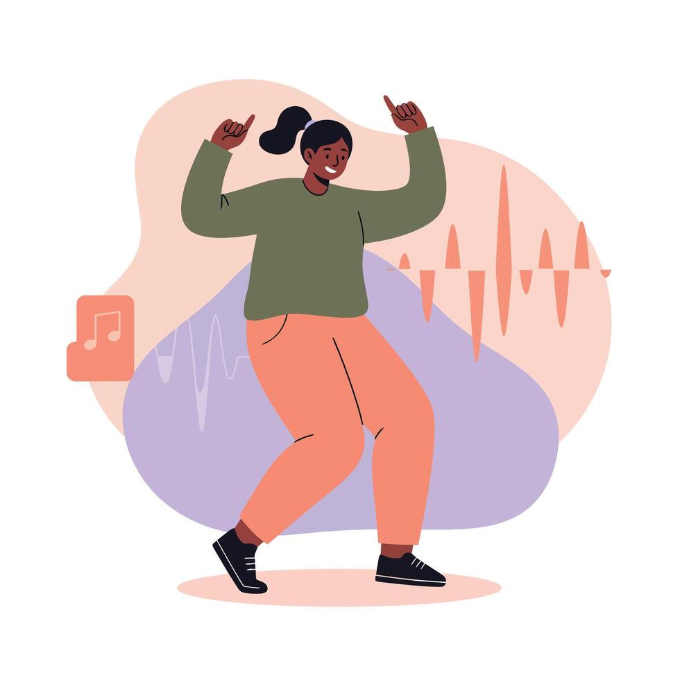 Young woman dancing happily to music with sound waves and musical note illustration background vector