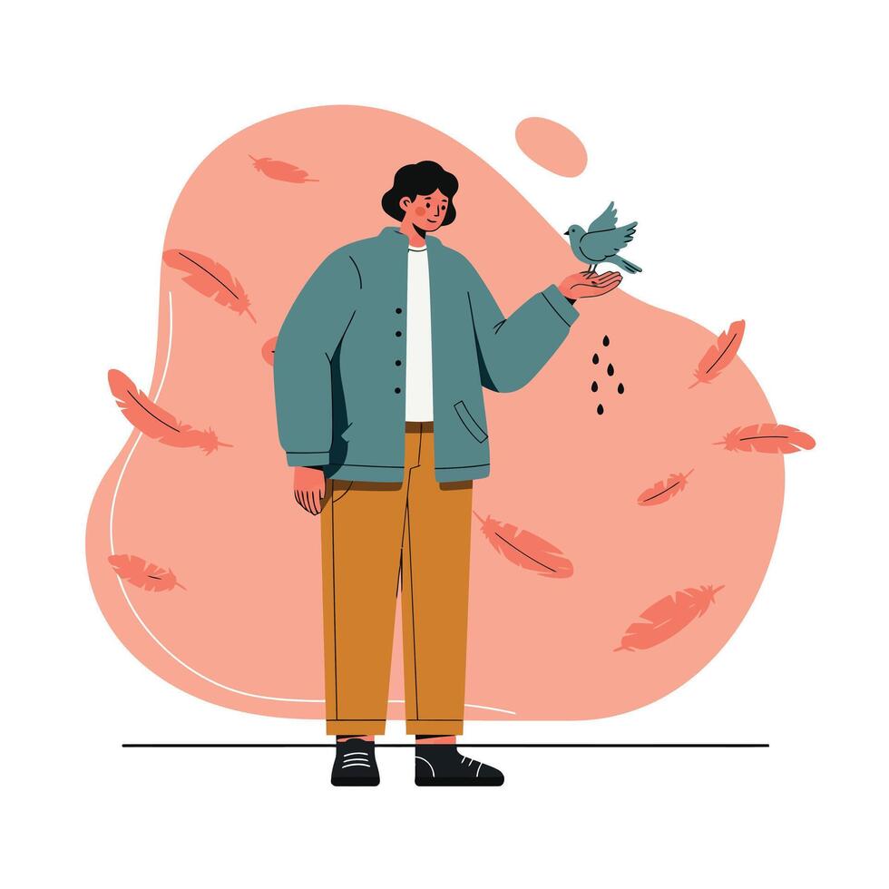 Young man feeding bird with scattered seeds in calm outdoor setting with soft pink background and floating feathers vector